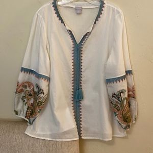 Chicos cotton blouse with embroidery on sleeves and front placket and neck